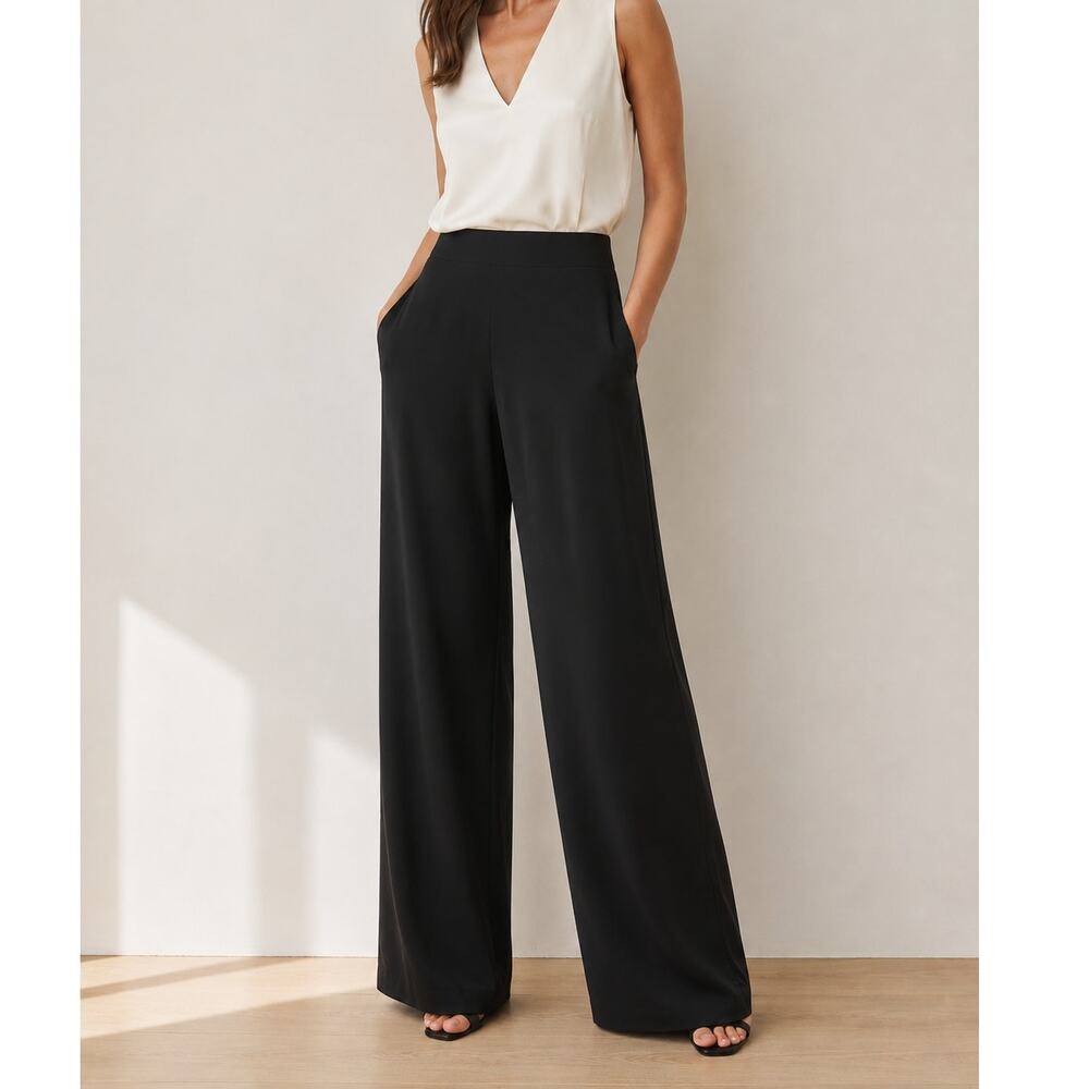 J. McLaughlin RSVP Black 100% Silk Wide Leg Pants Resort Cocktail Dress-Size 14